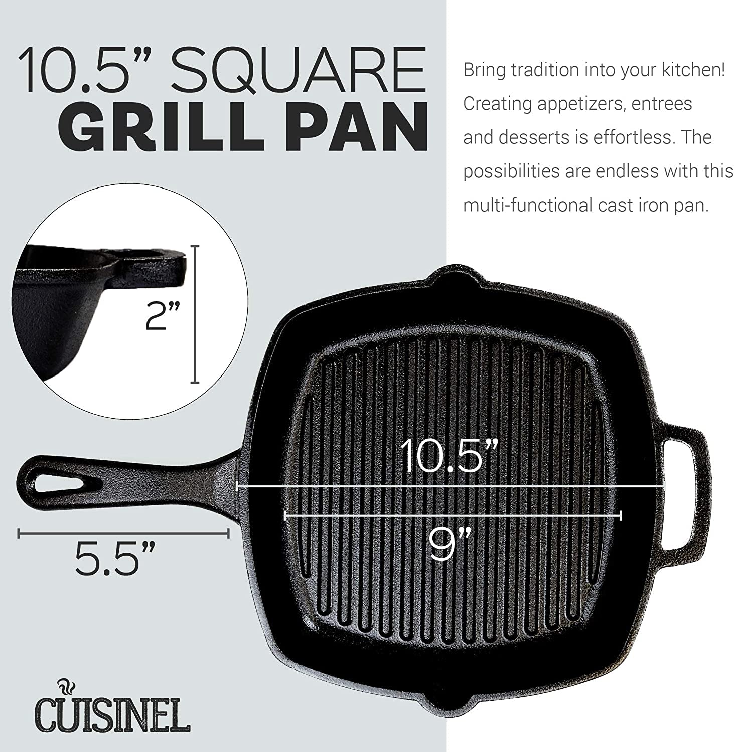 Cast Iron Square Grill Pan + Glass Lid - 10.5" Pre-Seasoned Ridged Skillet + Handle Cover + Pan Scraper - Grill, Stovetop, Fire Safe - Indoor and Outdoor Use - for Grilling, Frying, Sauteing