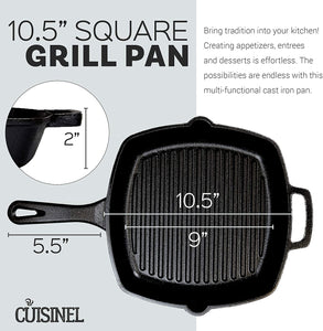 Cast Iron Square Grill Pan + Glass Lid - 10.5" Pre-Seasoned Ridged Skillet + Handle Cover + Pan Scraper - Grill, Stovetop, Fire Safe - Indoor and Outdoor Use - for Grilling, Frying, Sauteing