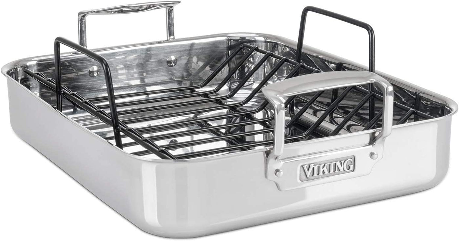 Viking Culinary 3-Ply Stainless Steel Roasting Pan, Includes a Nonstick Rack, Dishwasher, Oven Safe, Works on All Cooktops Including Induction