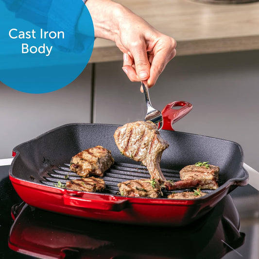 Bourgogne Enameled Cast Iron Induction Nonstick Grill Pan, PFAS Free, Dishwasher Safe, Chili Red