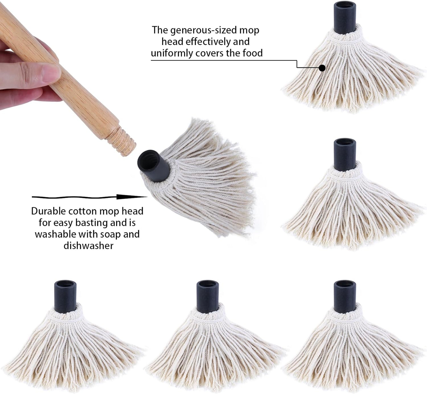 Donxote 18 Inch BBQ Mop Brush Set of 2, with 6 Extra Replacement Heads, Wooden Long Handle Cotton Head Mopping Basting Grill Sauce Perfect for Grilling Smoking Steak Marinade or Glazing