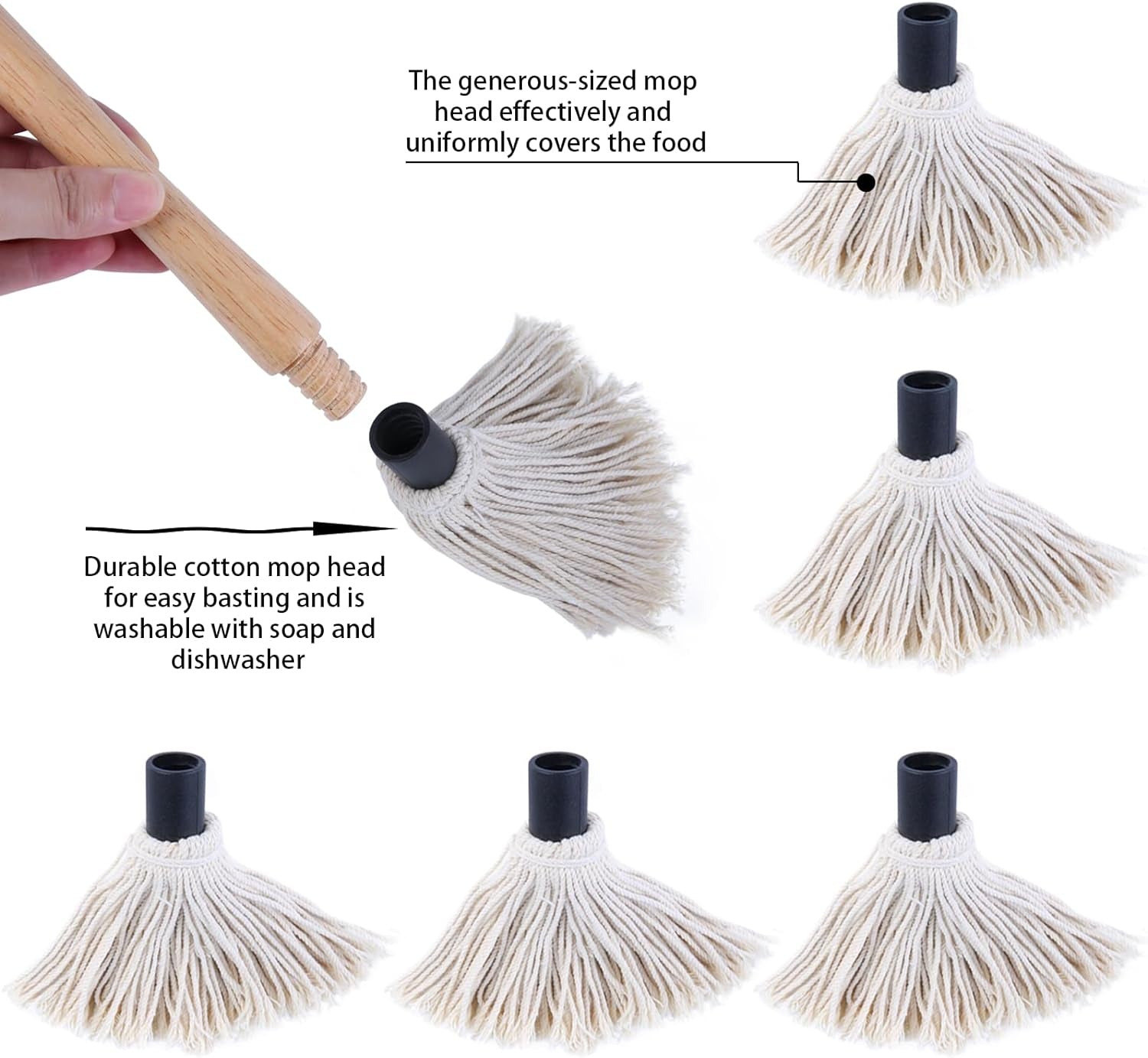 Donxote 18 Inch BBQ Mop Brush Set of 2, with 6 Extra Replacement Heads, Wooden Long Handle Cotton Head Mopping Basting Grill Sauce Perfect for Grilling Smoking Steak Marinade or Glazing