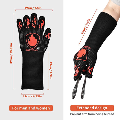 Image of BBQ Long Gloves 1472℉ Heat Resistant Grilling Glove Silicone Non-Slip Oven Heatproof Longer Kitchen Washable Gloves for Barbecue, Cooking, Baking, Camping Fire Pit Black