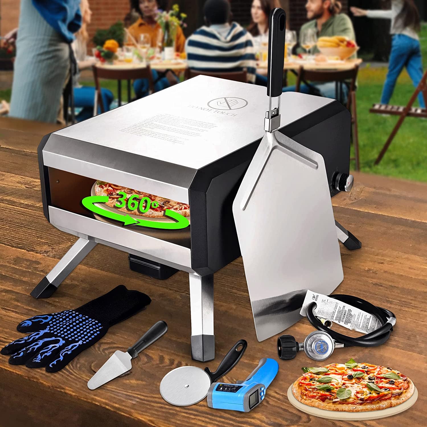 -Outdoor Gas Pizza Oven, Rotating Propane Pizza Grill Oven for Exterior Backyard Pizza Maker with 14" Pizza Stone, Portable Pizza Ovens for outside with Pizza Peel,Pia,Cutter,Gloves and Thermometer.