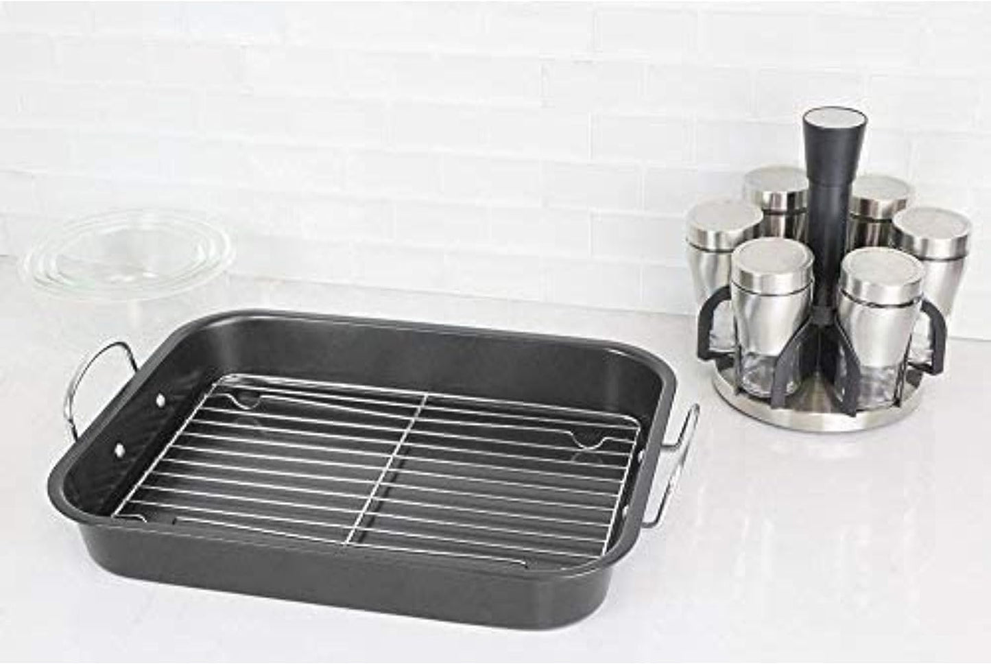 Deluxe Non Stick Roaster Pan/Turkey Roasting Pan with Rack and Handles, Excellent Broiler Pan for Turkeys, Hams and Chickens 14.5" X 11.5", Black