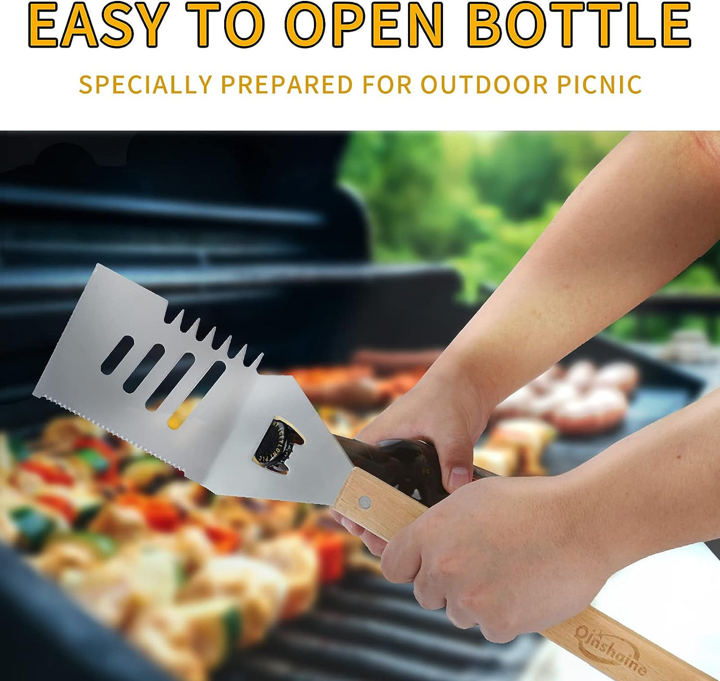 Qinshaine 4-In-1 BBQ Spatula, Multifunction Grill Spatula with Wooden Handle, Perfect for BBQ Grills and Kebabs for Camping Picnics