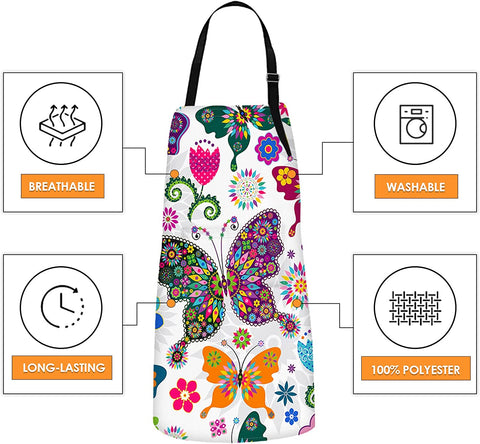 Image of Apron Home Kitchen Cooking Baking Gardening for Women Men with Pockets Floral Colorful Butterflies Flowers Romantic 32X28 Inch