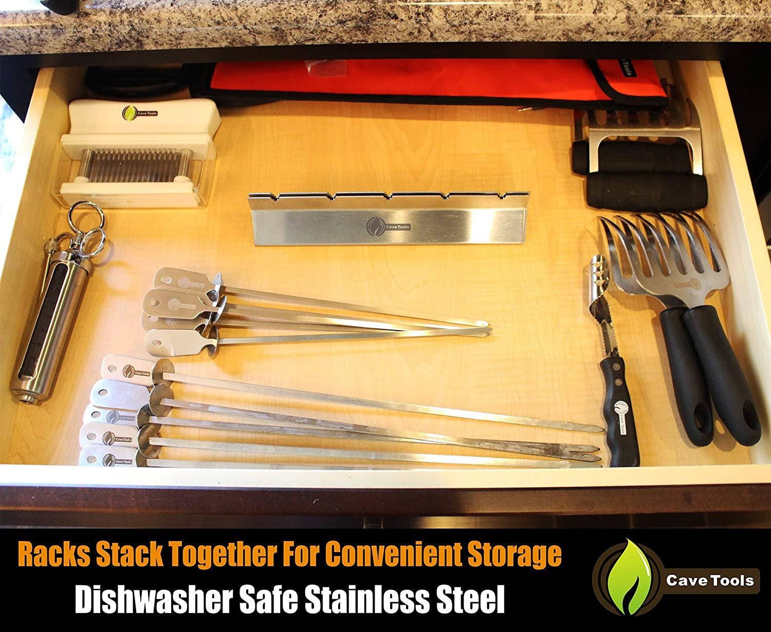 Cave Tools Kebob Rack for Shish Kebab Skewers - Stainless Steel Build Compatible with Wood, Round, Metal, Flat or Bamboo Skewers - BBQ Grilling Accessories