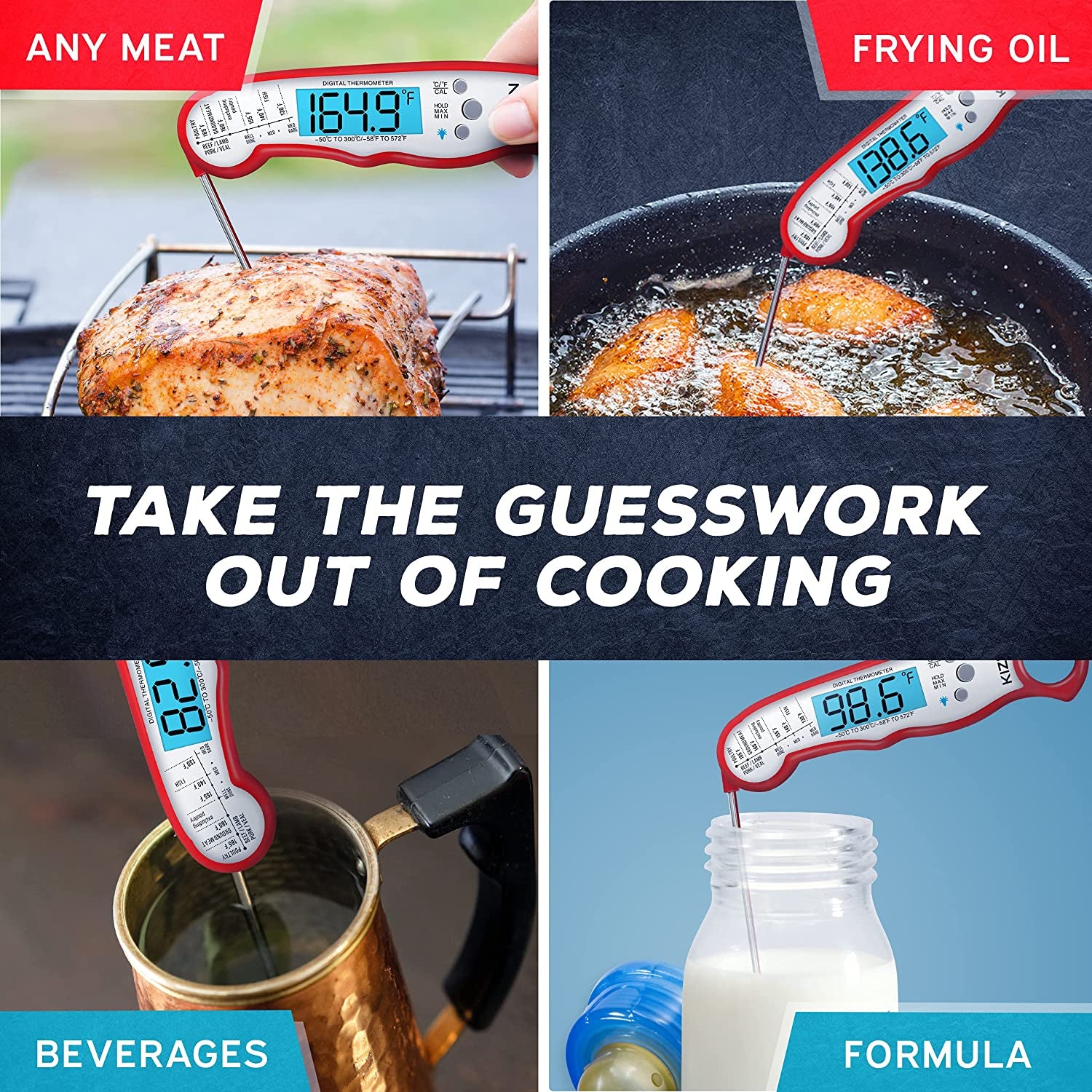 Digital Meat Thermometer with Probe - Instant Read Food Thermometer for Cooking, Grilling, BBQ, Baking, Liquids, Candy, Deep Frying, and More - Red/White