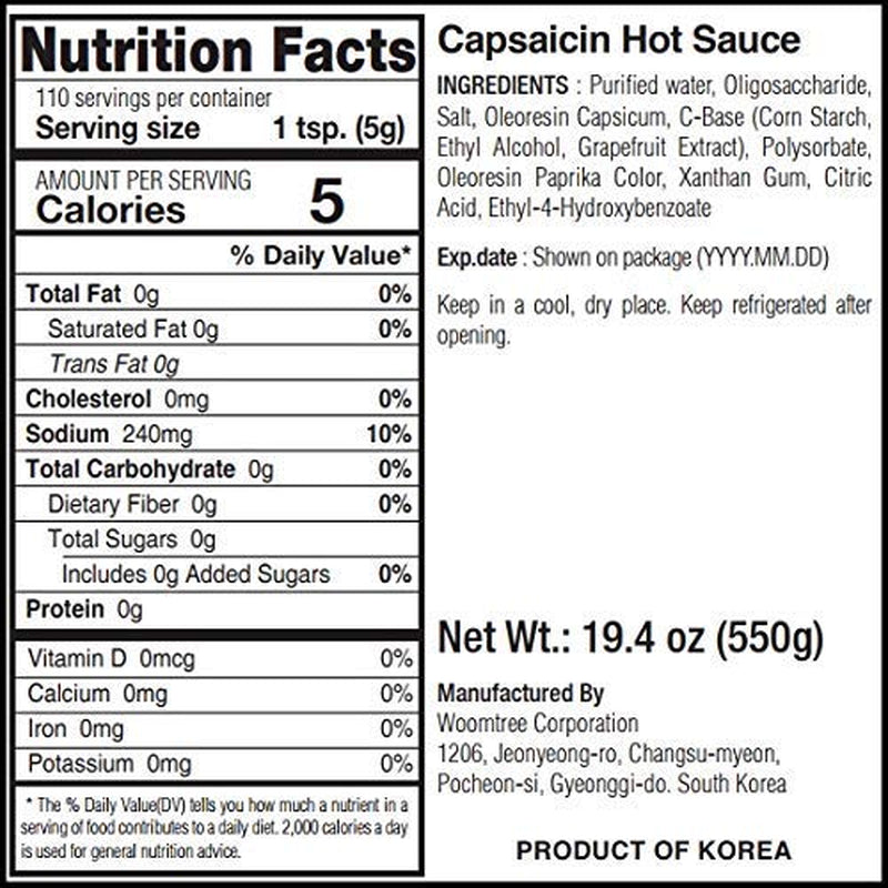 Woomtree Hot Sauce Capsaicin Oil, 10.6 Oz - Bottle | Made in Korea |