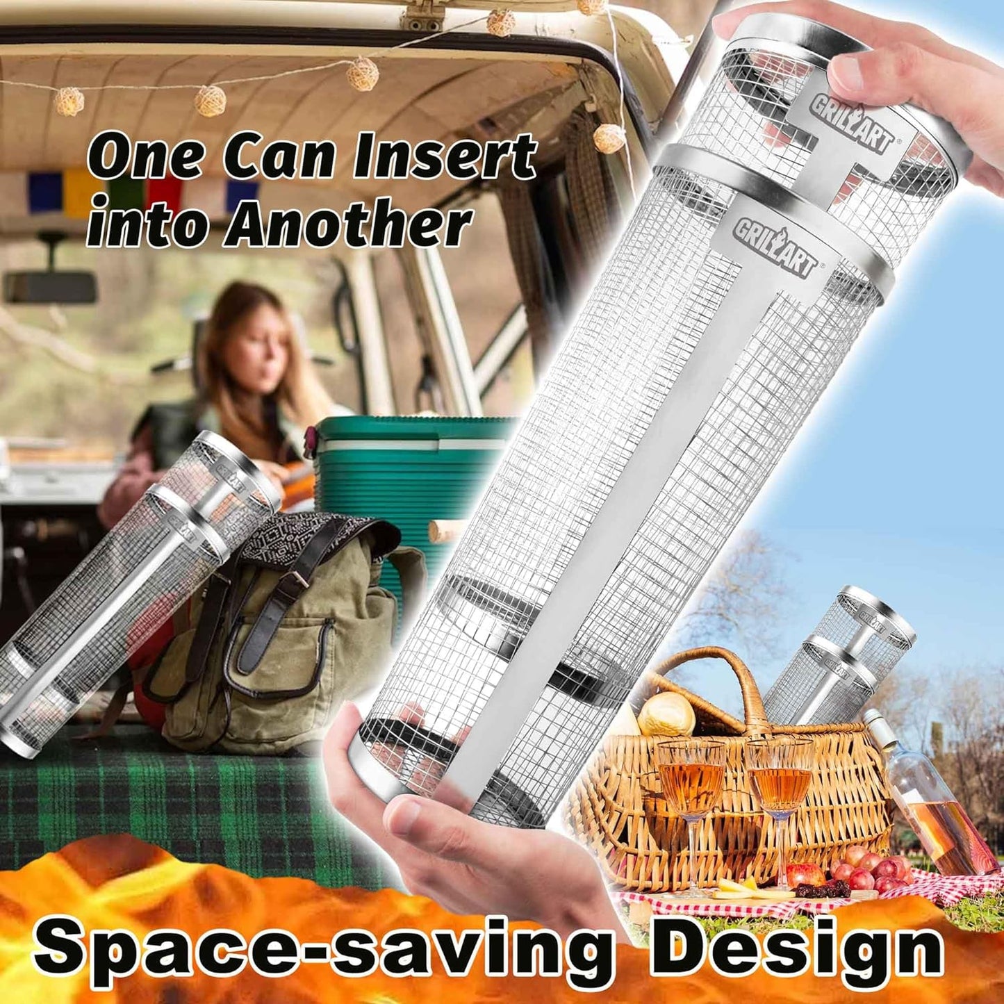 [Upgraded] Grill Basket 2 Pcs (Size XL), Dishwasher Safe Rolling Grilling Baskets for Outdoor Grilling, Stainless Steel BBQ Grill Basket for Veggies, Grill Nets Cylinder, Gifts for Men/Dad