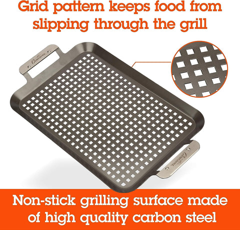 Image of BBQ Grill Topper Grilling Pans (Set of 2) - Non-Stick Barbecue Trays W Stainless Steel Handles - Indoor Outdoor Use for Meat, Vegetables & Seafood - Great for Thanksgiving Dinner - Grill Gift for Men