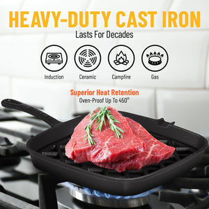 Grill Pan - 2-Part Cast Iron Grill Pan with Removable Grill Grate - Square Pans for Grilling, Searing, BBQ, and More - Oven-Safe up to 450° - Ready Criss Cross Lines - Also Use as Griddle