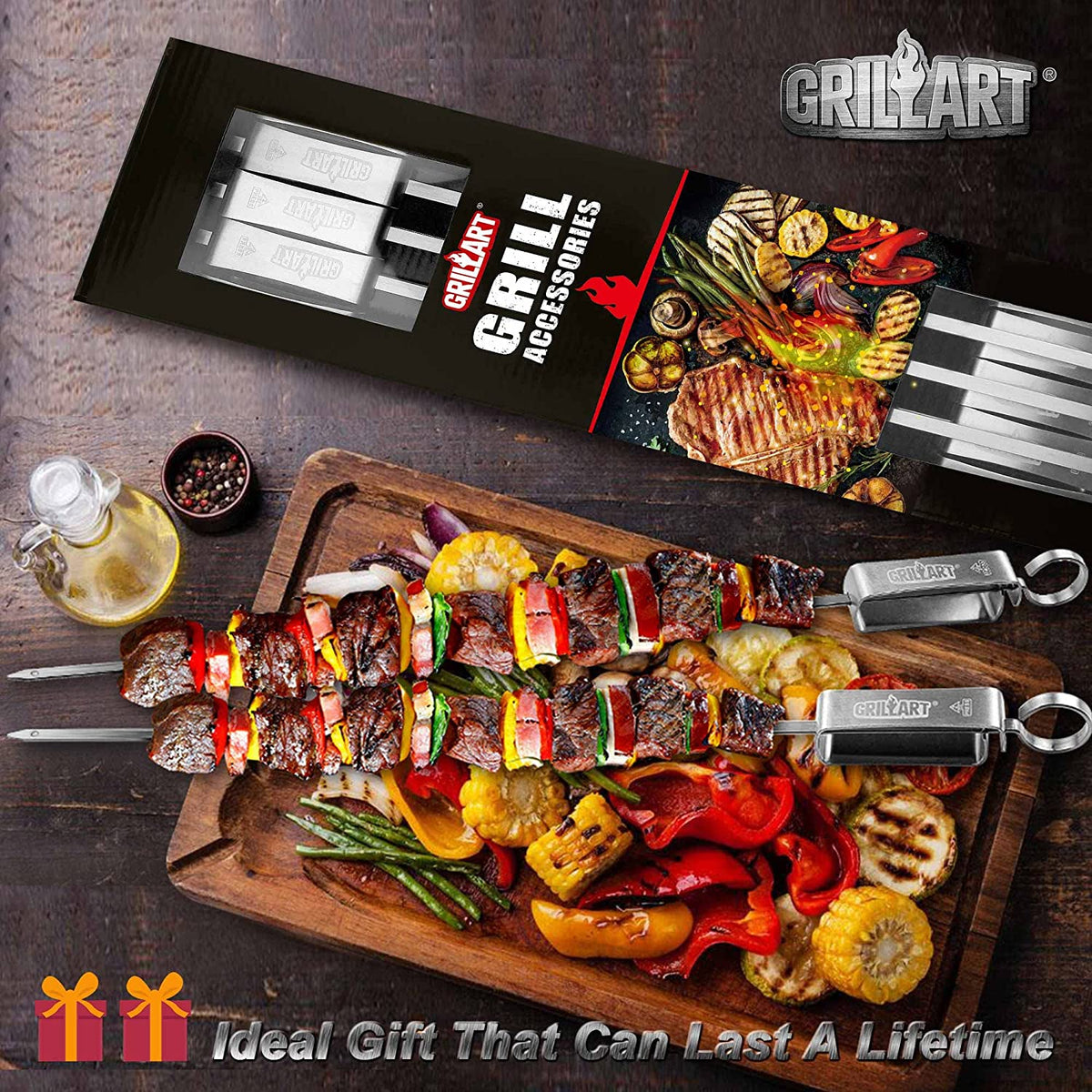 GRILLART Kabob Skewers for Grilling - Metal Skewers for Kabobs with Slider - Flat BBQ Skewers Stainless Steel - 17" Shish Kabob Grill Skewers & Ideal Kabob Sticks for Meat Shrimp Chicken Veggie(10Pcs)