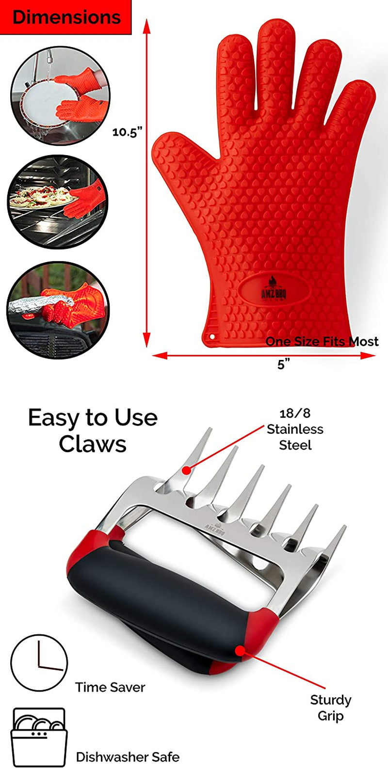 Ultimate Barbecue Accessories Set with Pulled Pork Claws - Heat Resistant Gloves and Pulled Pork Shredder Makes a Perfect Smoker Accessories Gifts for Men (Red Glove-Claw)