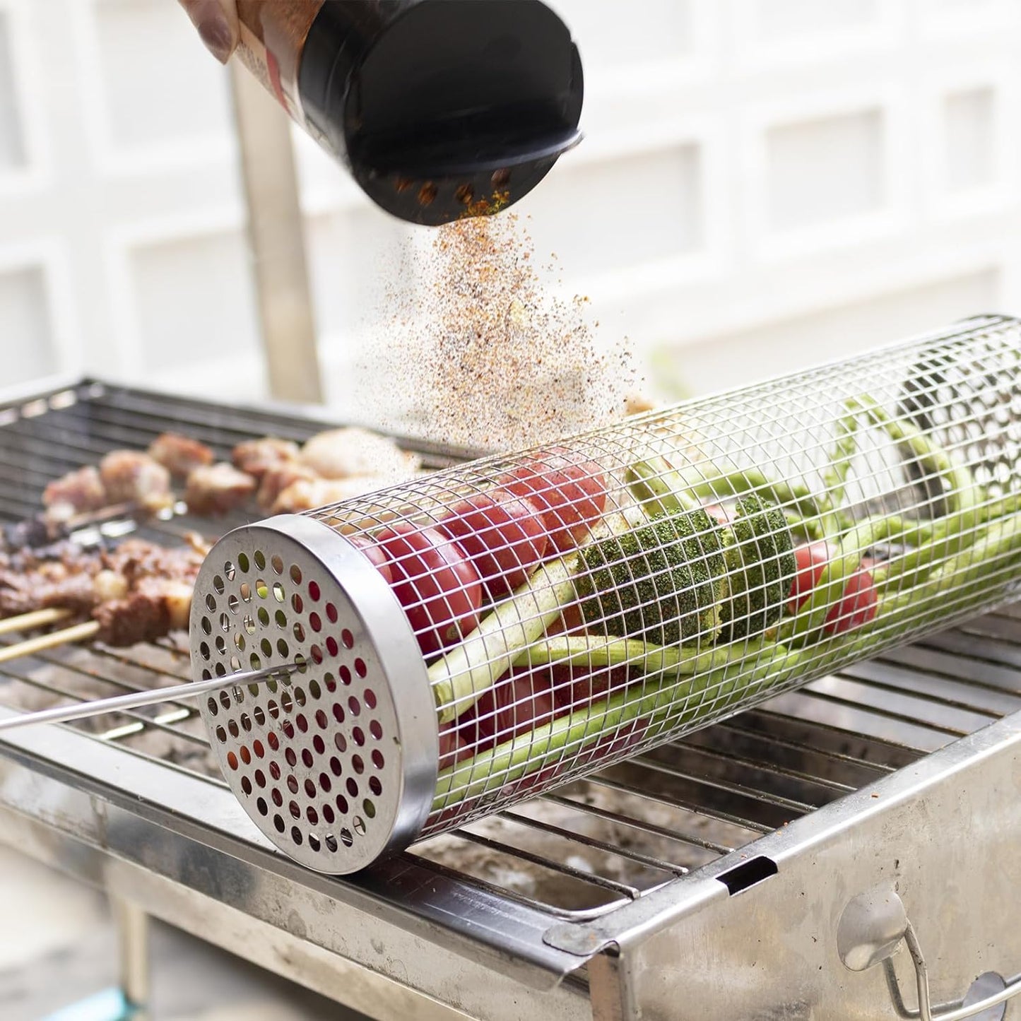 BLOOPIC Grilling Accessories Camping Barbecue Bbq Accessories for Outdoor round Grill Mesh Portable Kitchen Cooking Accessories Tools for Vegetables Steak Large (12.24 X 3.78 X 3.74 Inch)