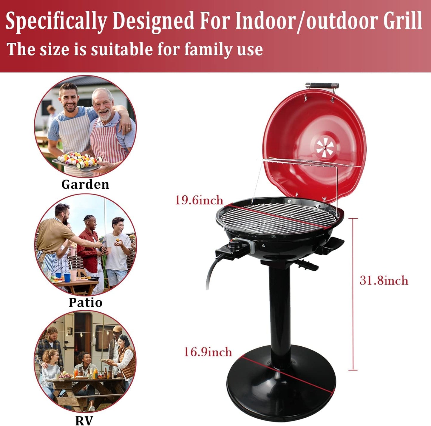 Electric BBQ Grill  15-Serving Indoor/Outdoor Electric Grill for Indoor & Outdoor Use, Double Layer Design, Portable Removable Stand Grill, 1600W (Stand Red BBQ Grills)