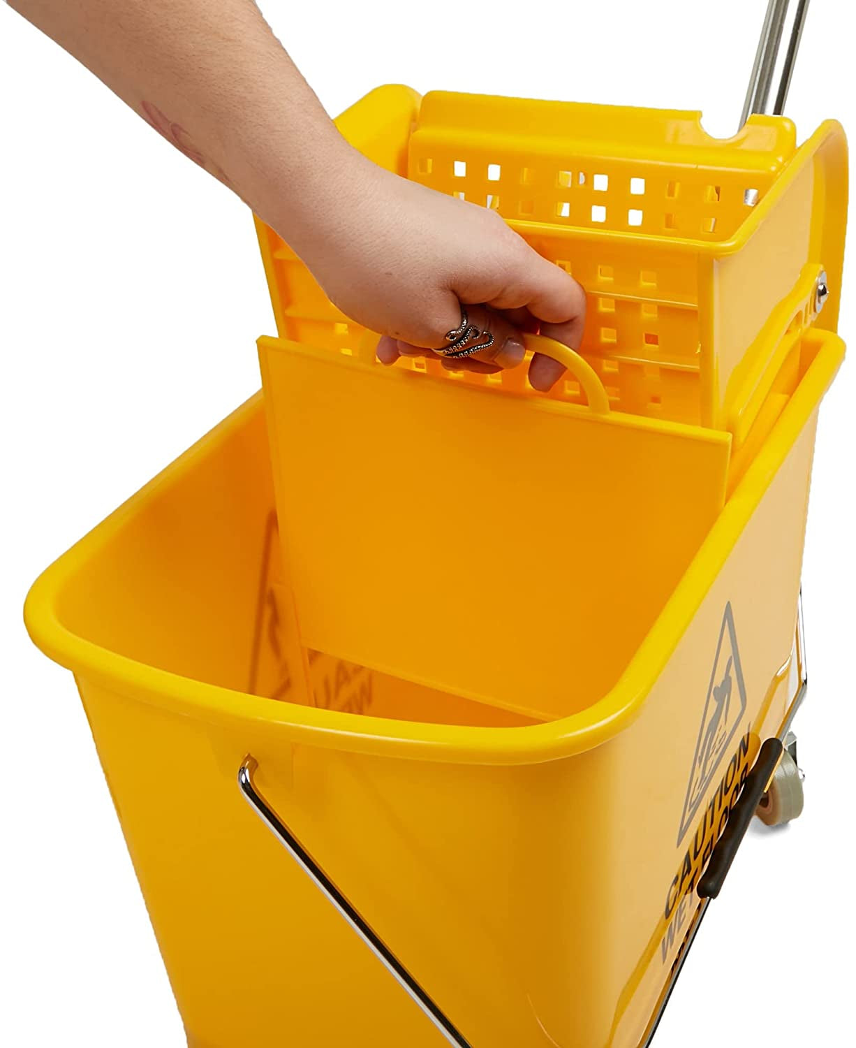 Mind Reader Mobile Heavy Duty Mop Bucket with Upward Press Wringer, 22-Quart (5.5 Gallon) Capacity, 16.25"L X 10.75"W X 24.5"H, Yellow