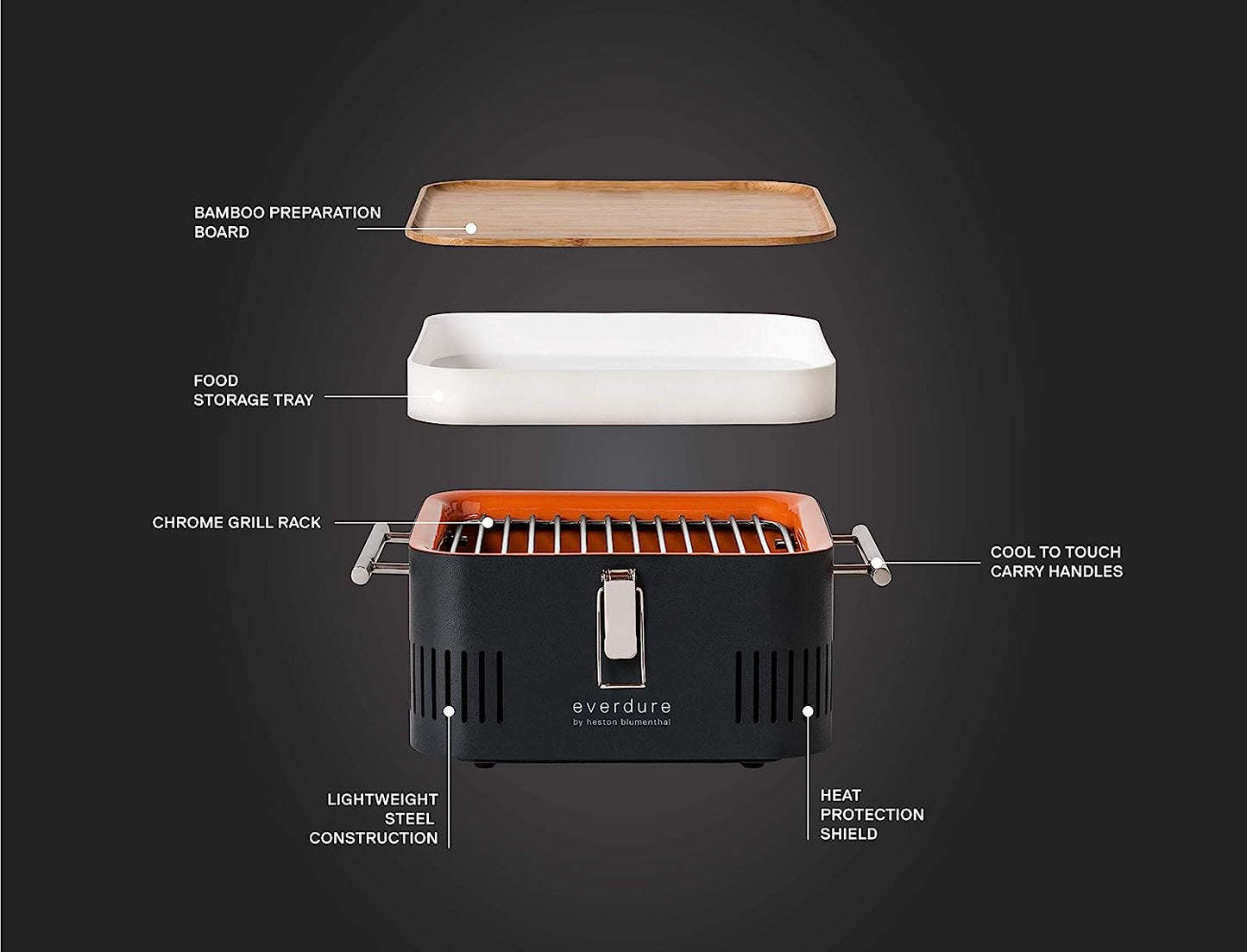 Everdure CUBE Portable Charcoal Grill, Tabletop BBQ, Perfect Tailgate, Beach, Patio, or Camping Grill, Lightweight & Compact Small Grill with Preparation Board & Food Storage Tray, Graphite