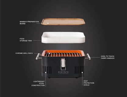 Everdure CUBE Portable Charcoal Grill, Tabletop BBQ, Perfect Tailgate, Beach, Patio, or Camping Grill, Lightweight & Compact Small Grill with Preparation Board & Food Storage Tray, Graphite