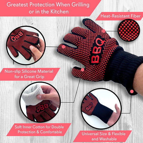 Image of BBQ Gloves - 1472°F Heat Resistant, Fireproof Mitts with Non-Slip Silicone Grip, Perfect for Barbecue, Grilling, Cooking, Baking & Camping, 14-Inch, Food Grade, Washable Kitchen Oven Mitts