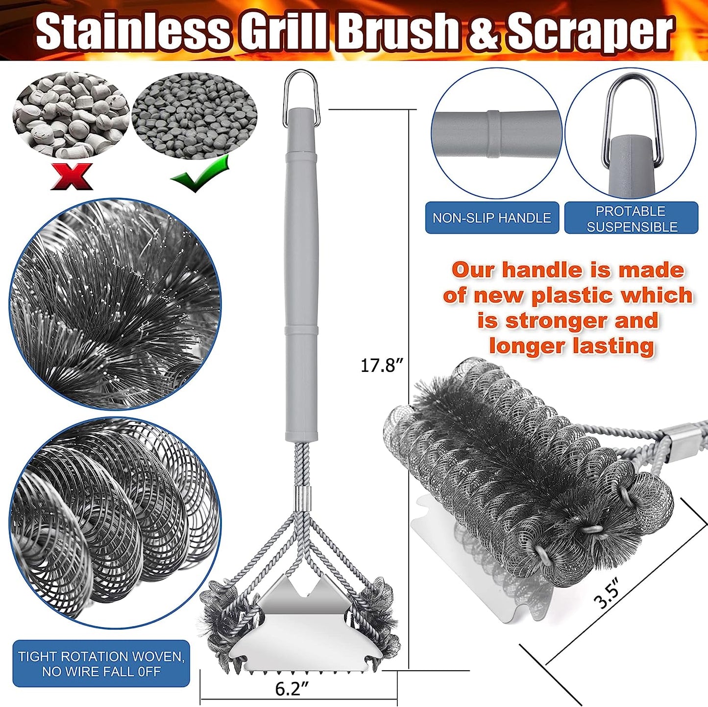 Grill Brush - Grill Brush for Outdoor Grill- BBQ Brush Safe & Efficient Cleaning - Woven W/Wire Combined Barbecue Bristles,18" Grill Cleaner Brush for Any Grill- BBQ Accessories Gifts for Men Dad
