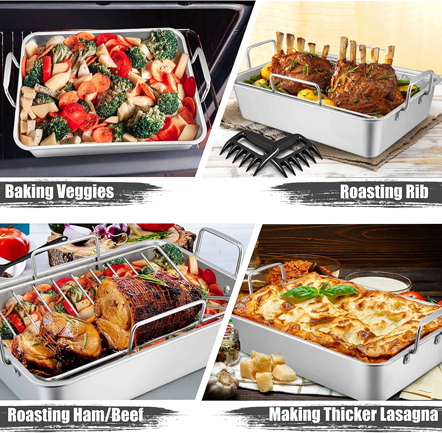 Teamfar Roasting Pan, Stainless Steel Large Turkey Roaster Pan with V Rack & Cooling Rack, Beer Can Chicken Holder & Meat Claws for Shredding & Silicone Brush, Healthy & Dishwasher Safe - 7 Pcs