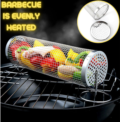Image of Rolling BBQ Grilling Basket for Outdoor | Versatile Stainless Steel Barbecue Grill | round Mesh Cylinder Accessories | Camping Rack for Cooking - 1 PCS