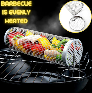 Rolling BBQ Grilling Basket for Outdoor | Versatile Stainless Steel Barbecue Grill | round Mesh Cylinder Accessories | Camping Rack for Cooking - 1 PCS