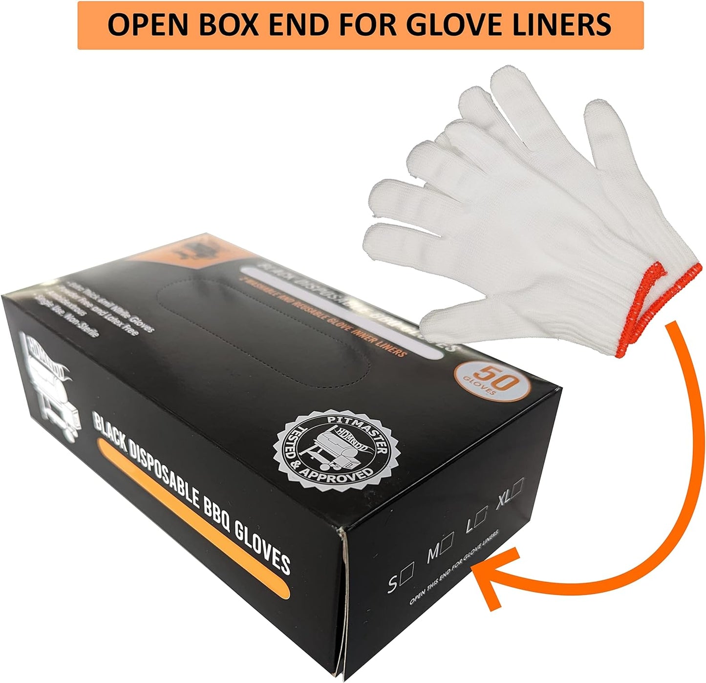 Black Disposable BBQ Grill Gloves Kit - 50 Heavy Duty Textured Grip and 2 Heat Resistant Reusable Liners Meat Pulling