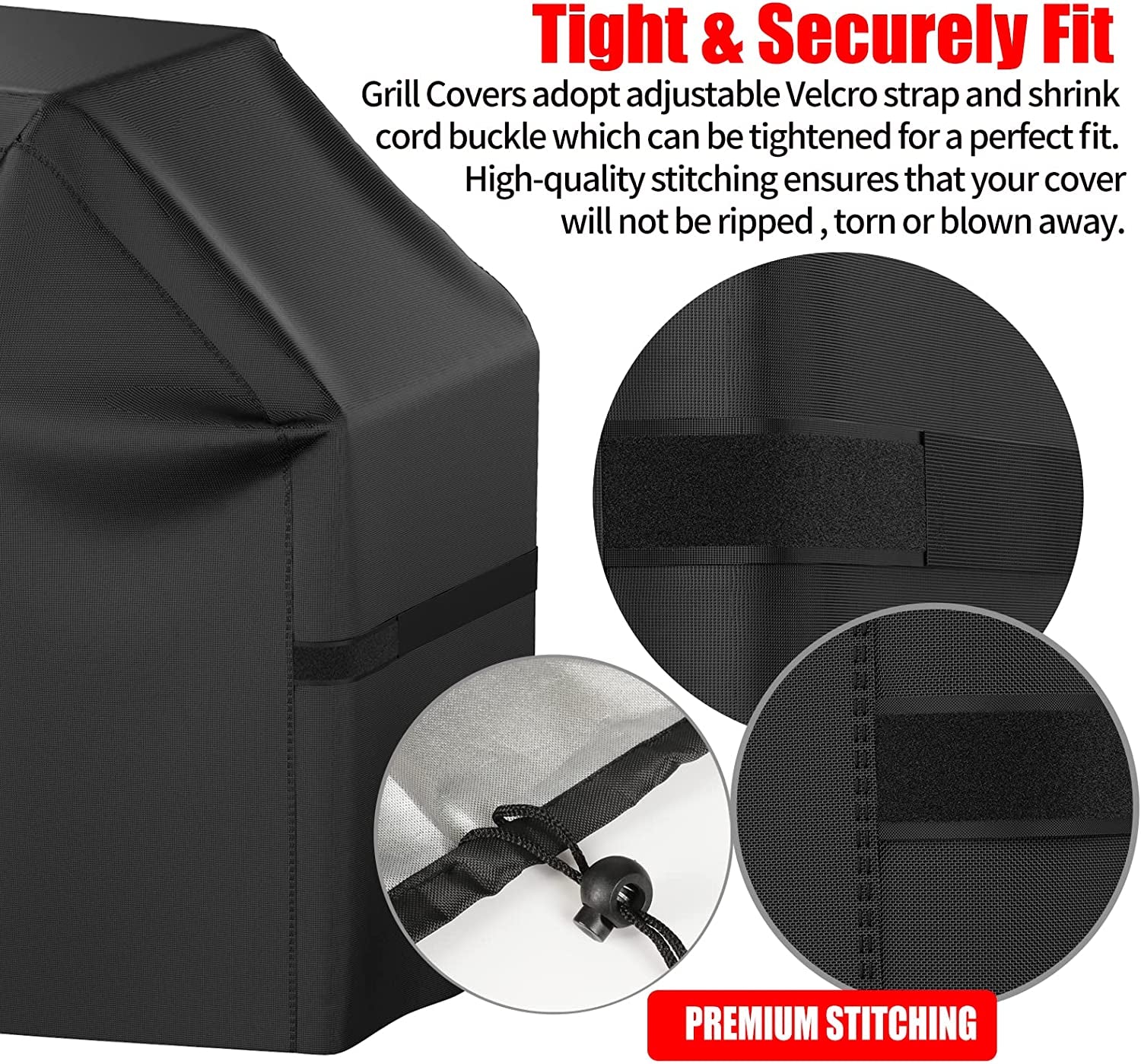 BBQ Grill Cover, Waterproof, Weather Resistant, Rip-Proof, Anti-Uv, Fade Resistant, with Adjustable Velcro Strap, Gas Grill Cover for Weber,Char Broil,Nexgrill Grills, Etc. 58 Inch, Black