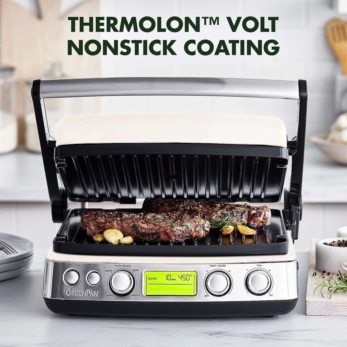 Elite 7-In-1 Multi-Function Contact Grill & Griddle, Healthy Ceramic Nonstick Aluminum, Two Sets of Grill & Waffle Plates, Adjustable Shade & Shear, Closed Press/Open Flat Surface,Cream White