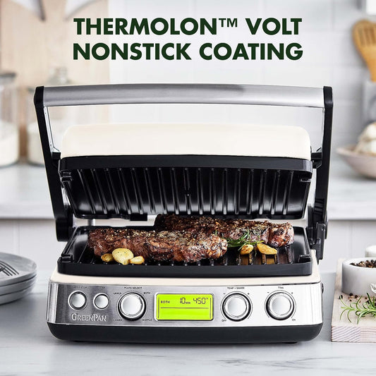 Elite 7-In-1 Multi-Function Contact Grill & Griddle, Healthy Ceramic Nonstick Aluminum, Two Sets of Grill & Waffle Plates, Adjustable Shade & Shear, Closed Press/Open Flat Surface,Cream White