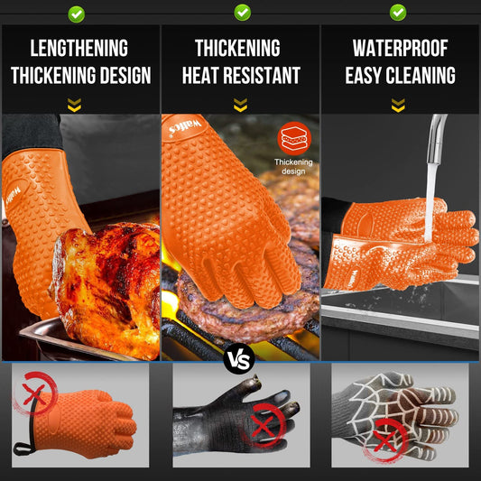 Grilling Gloves - Heat Resistant Silicone Oven Mitt, Premium Non-Slip Silicone Internal Protective Cotton Layer, Waterproof, Great for Grilling, Kitchen and Cooking (Orange)