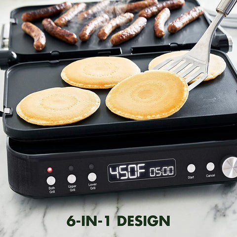 Image of 6-In-1 Multi-Function Contact Grill & Griddle, Healthy Ceramic Nonstick Aluminum, Reversible Grill and Griddle Plates, Dual Heating Options, Closed Press/Open Flat Surface, Matte Black