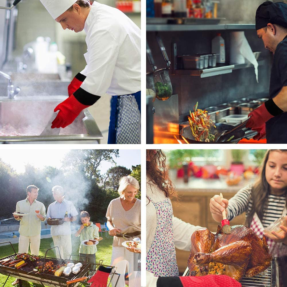 BBQ Gloves, Heat Resistant Silicone Grilling Gloves, Long Waterproof BBQ Kitchen Oven Mitts with Inner Cotton Layer for Barbecue, Cooking, Baking, Smoker(Red)