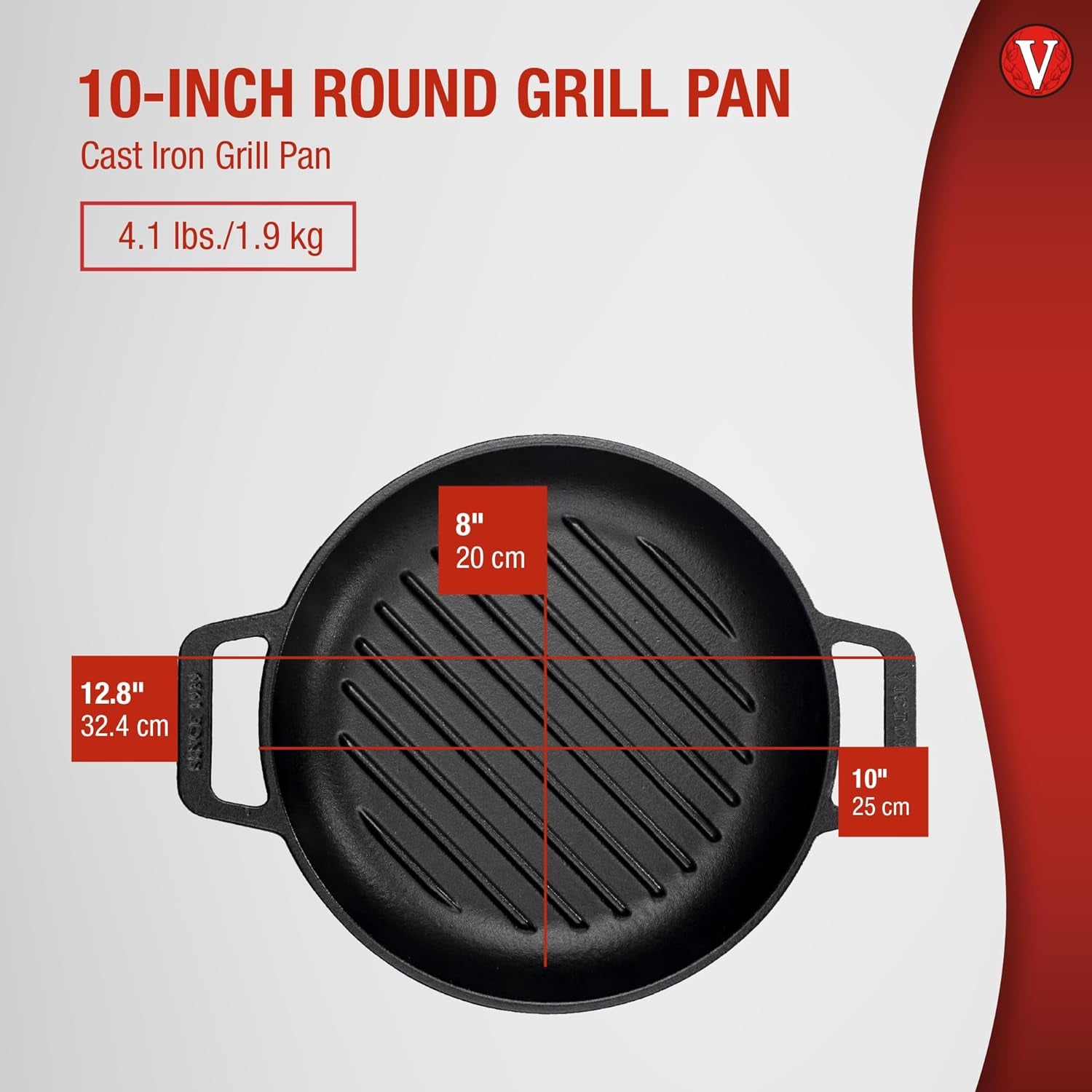 Cast Iron round Grill Pan with Double Loop Handles, Made in Colombia, 10 Inches