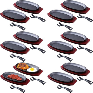 12 Pieces Oval Cast Iron Fajita Pan Set Sizzling Steak Plate with Wooden Base and Handle Cast Iron Steak Cast Iron Fajita Skillet Sizzling Plate for Home Restaurant and Barbecue Picnic