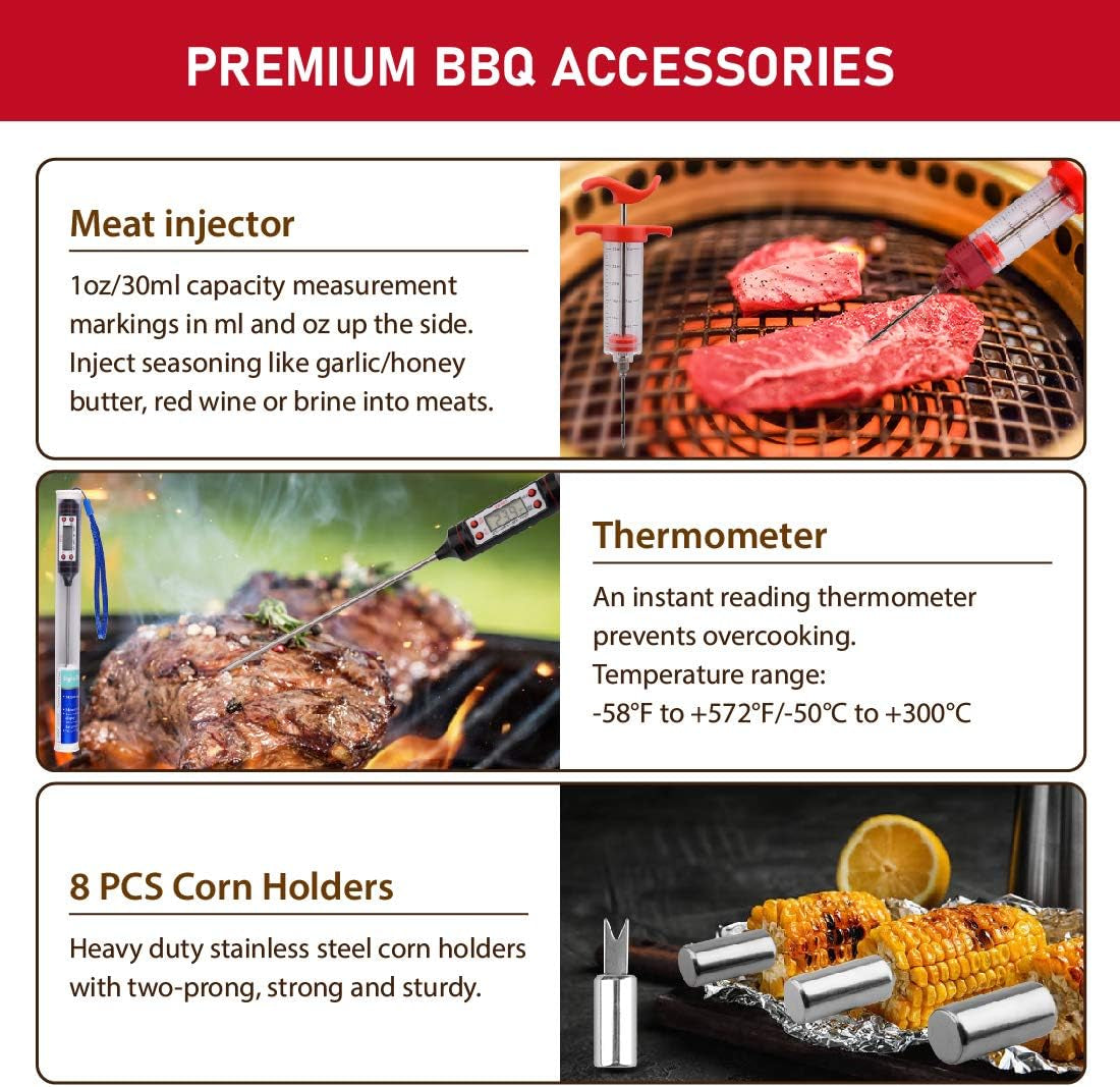 34PCS BBQ Grill Tools Set Stainless Steel Grilling Accessories with Spatula, Tongs, Skewers for Barbecue, Camping, Kitchen, Complete Premium Grill Utensils Set in Storage Bag, Silver, (BTS-34)