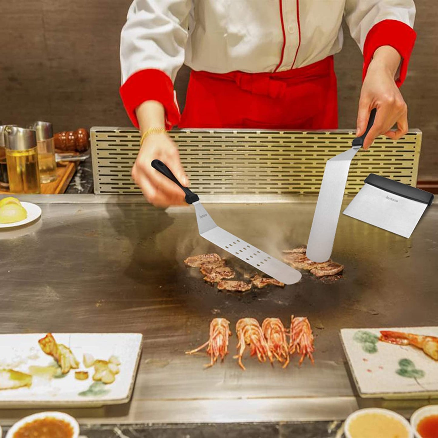 Skyflame 3 Piece Griddle Accessories Kit, Stainless Steel Professional Long BBQ Grill Spatula/Turner & Scraper Set for Flat Top Grill Hibachi Camping Cooking