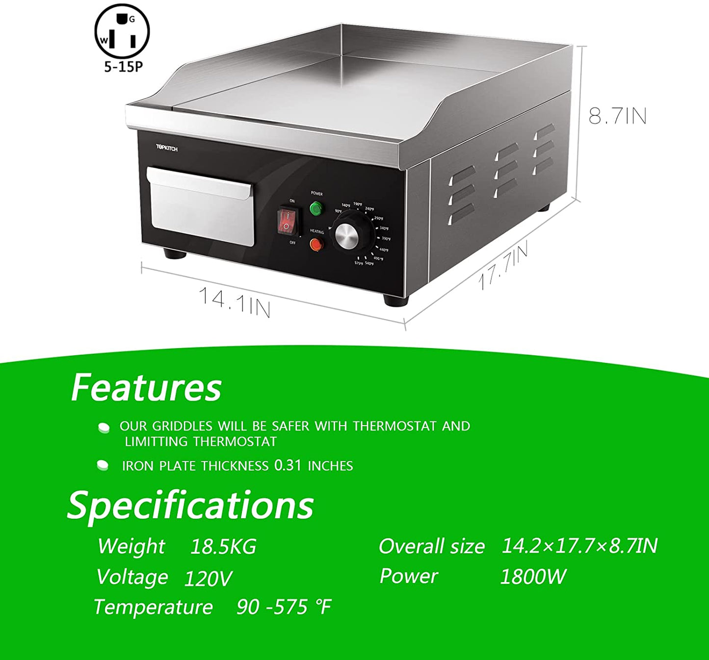 Electric Griddle, 14 Inch Flat Top Grill Commercial Electric Griddles Stainless Steel Adjustable Temperature Control 90℉-575℉ for Home or Restaurant Use