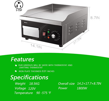 Electric Griddle, 14 Inch Flat Top Grill Commercial Electric Griddles Stainless Steel Adjustable Temperature Control 90℉-575℉ for Home or Restaurant Use