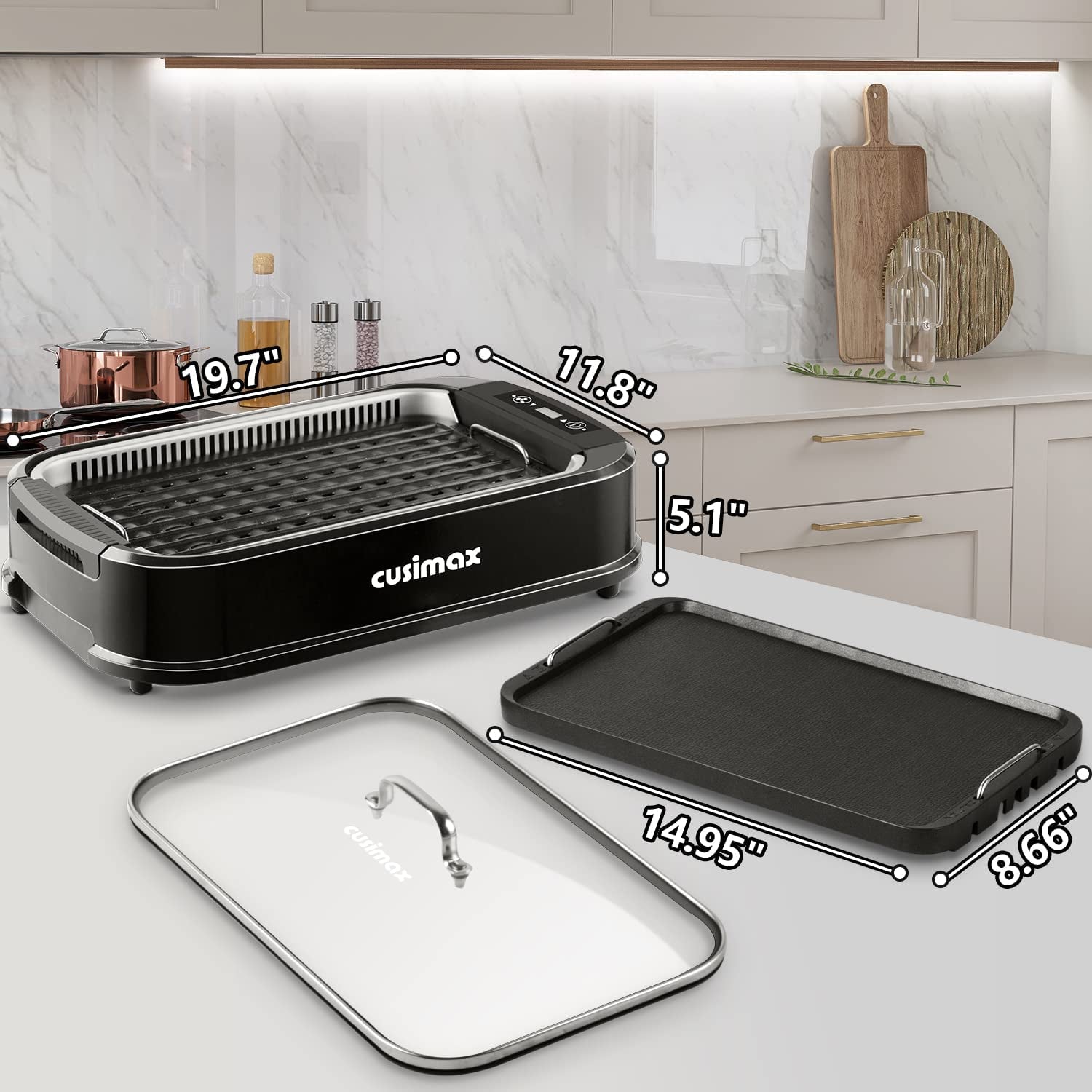 Indoor Grill,  Smokeless Grill Indoor, 1500W Electric Grill Griddle Korean BBQ Grill with LED Smart Display & Tempered Glass Lid, Non-Stick Removable Grill Plate & Griddle Plate, Black