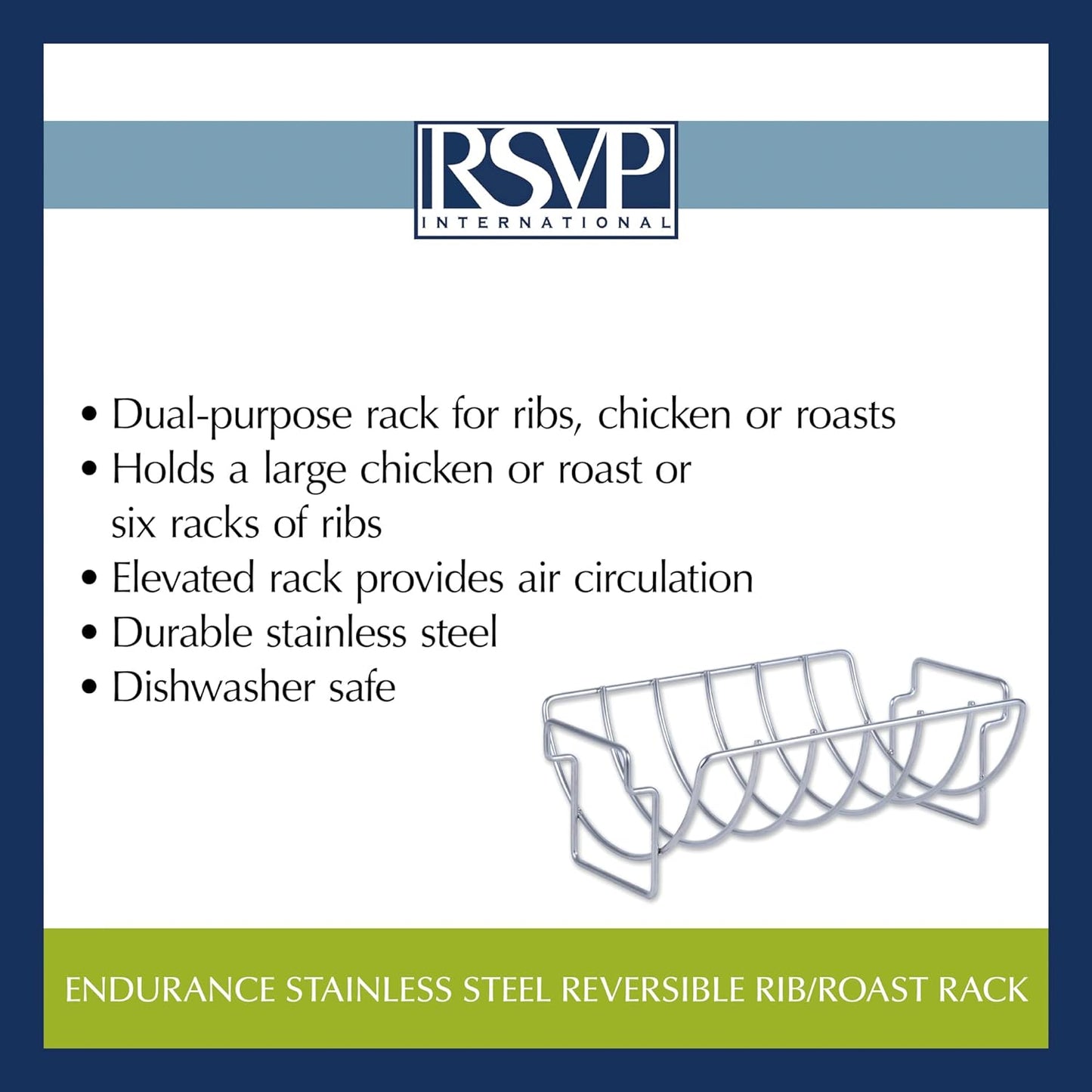RSVP International Kitchen Roasting Pan Collection Durable Dishwasher Safe Stainless Steel, Reversible Rib/Roast Rack, 15.75X9.75X5.25"