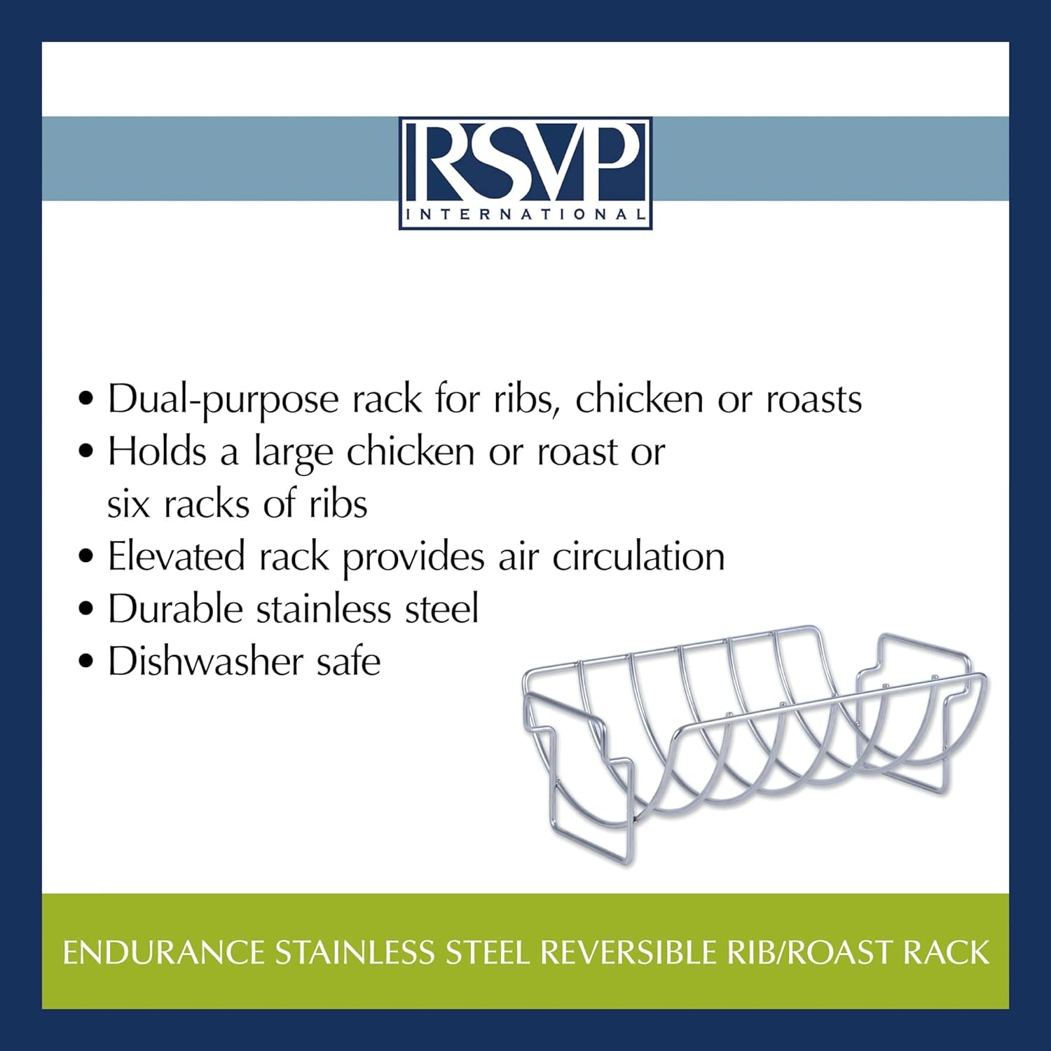 RSVP International Kitchen Roasting Pan Collection Durable Dishwasher Safe Stainless Steel, Reversible Rib/Roast Rack, 15.75X9.75X5.25"
