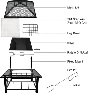 32 Inch Fire Pit Table with Swivel Grill for Outside, Large Square Outdoor Wood Burning Firepit with BBQ Grill Grate, Mesh Spark, Log Grate, Poker for Backyard Garden Patio Camping Picnic