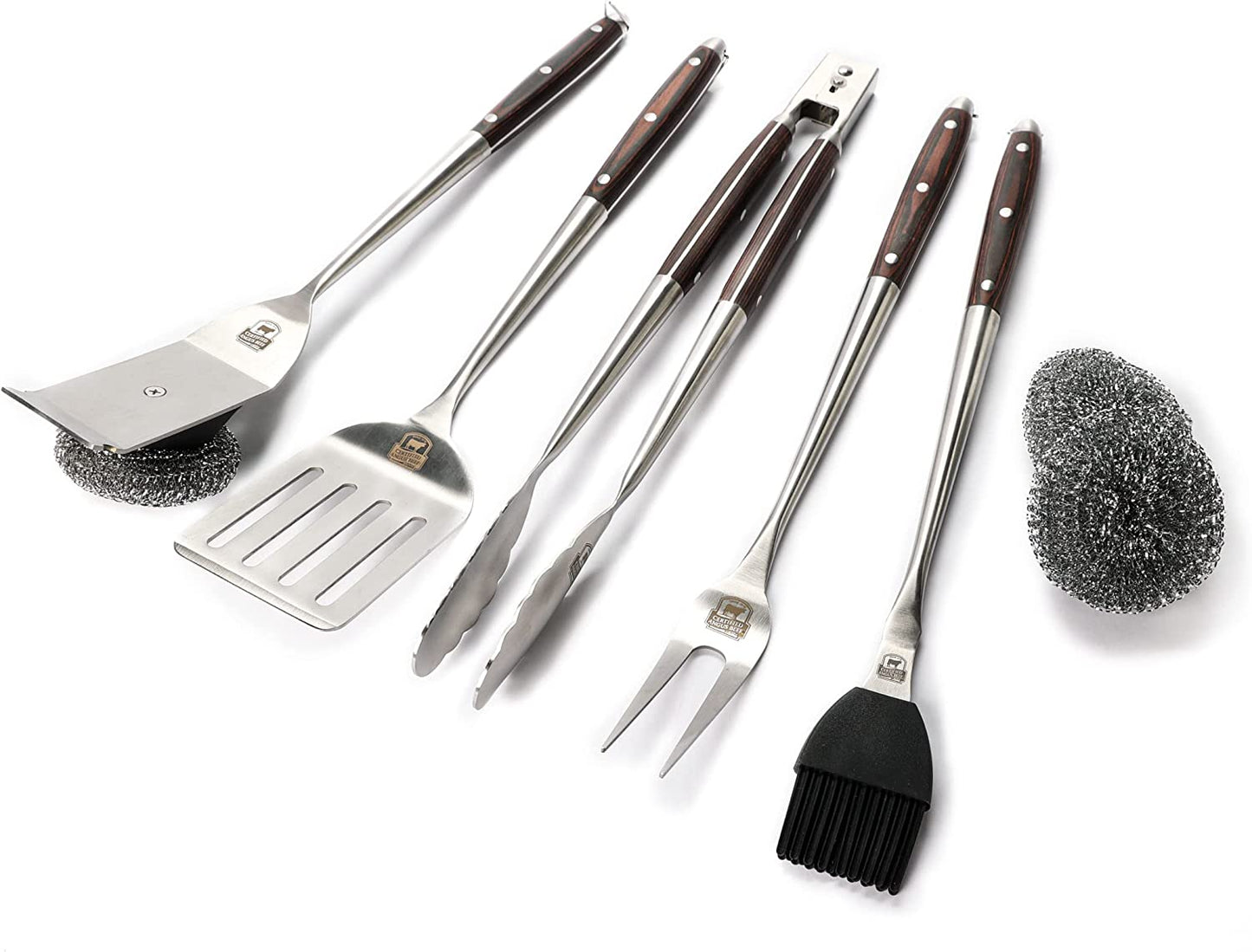 Premium Grilling Set - 5 Piece Heavy Duty Stainless Steel Grill Tool Set with Pakkawood Handles for BBQ Accessories, Tailgating, and Smoker Accessories