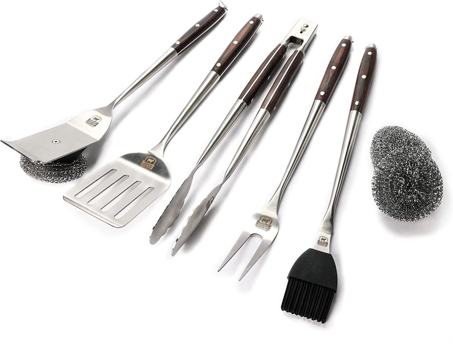 Premium Grilling Set - 5 Piece Heavy Duty Stainless Steel Grill Tool Set with Pakkawood Handles for BBQ Accessories, Tailgating, and Smoker Accessories