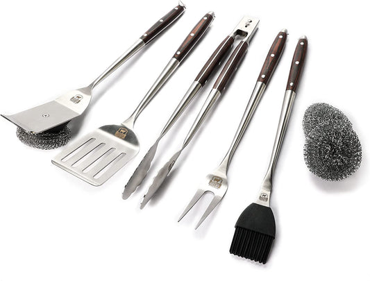 Premium Grilling Set - 5 Piece Heavy Duty Stainless Steel Grill Tool Set with Pakkawood Handles for BBQ Accessories, Tailgating, and Smoker Accessories
