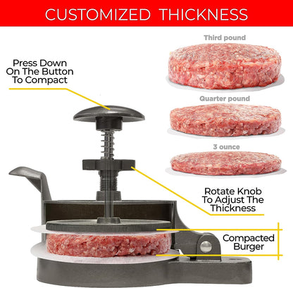 Shop Square Hamburger Press Patty Maker - Adjustable 1/4Lb to 3/4Lb Burger Press Patty Maker with Patty Ejector - Adjustable Thickness for Burgers, Crab Cakes, and Sausage - Patty Paper Included
